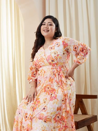 Image of Miss Chase A+ Women's V-Neck Three-Quarter Sleeve Floral Wrap Chiffon Midi Dress