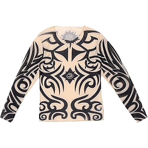 DRHOM Men's Fake Tattoo T Shirt Tribal Inspired Print Elastic Long Sleeve Muscle Tops Undershirt4