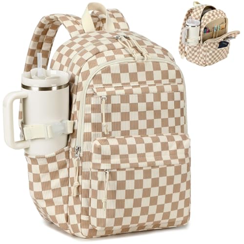 Bluboon Cute Backpack for Women with Tumbler Holder Corduroy School Backpack for College Girls Aesthetic Travel Laptop Bookbag with External Cup Strap Casual Work Backpack for Teacher Nurse