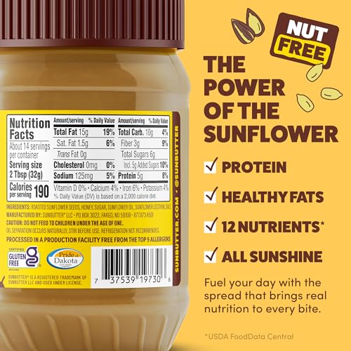 Image of SunButter Honey Sunflower Seed Butter, 16 oz Nut-Free Spread with 5g Plant-Based Protein, Roasted Rich & Savory Flavor, Smooth Texture | Vegan & Kosher