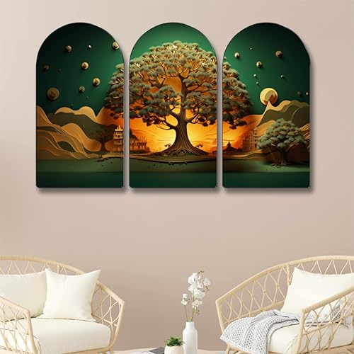 Image of Livin'luxe Golden Tree Landscape Wall Art - 3 Panel Sunset Nature Painting | Vibrant Green & Gold Decor for Living Room, Bedroom, Dining Hall, Office | Modern Triptych Wall Hanging