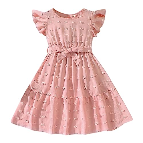 KAGAYD Little Girls Flutter Sleeve Dresses Summer Bow Tie Cotton Casual Skater Swing Twirling Sundress