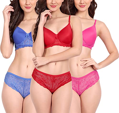 Image of FIMS - Fashion is my style Women Cotton Floral Lace Padded, Non-Wired, Full Coverage, Seamless Bra Panty Set, Multicolor, Lingerie Set