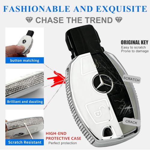 Image of Creativity for Mercedes Benz key cover and keychian (White Combination) | TPU key box with Rhinestones is compatible with CLS CLK AMG ML C CL E S SL SLK G GLC GLE GLS M R Smart Remote Key