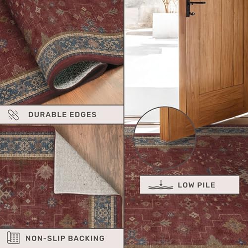 Image of Burgundy 2x3 Washable Rugs for Entryway Indoor, Boho Kitchen Rug for Floor, Bathroom, Doormat Indoor Entrance, Waterproof Non Slip Low Pile Stain & Fade Resistant, Modern Eclectic Floral Decor