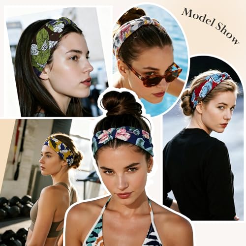 Image of HSEM Headbands for Women 6-Pack - Boho Flower Wide Head Bands, Non-Slip Thick Hair Bands - Large Knotted Soft Stretchy Sweatbands for Workout, Washing Face, Makeup, Running, Spa & Yoga