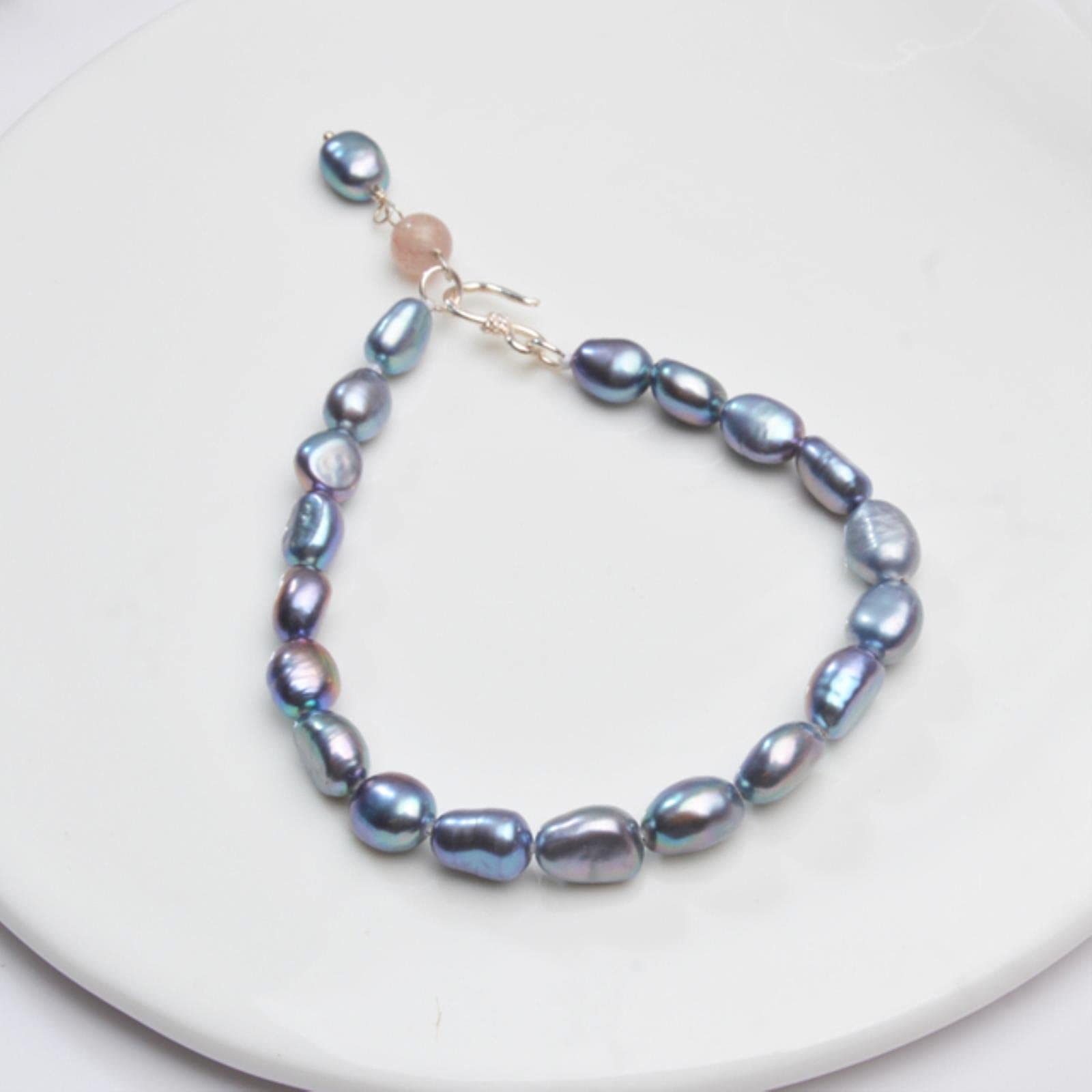SALAN Perla Barroca De Agua Dulce Pulseras con Dijes De Cristal De Fresa Natural Joyería De Plata Esterlina 925 para Regalo De Mujer