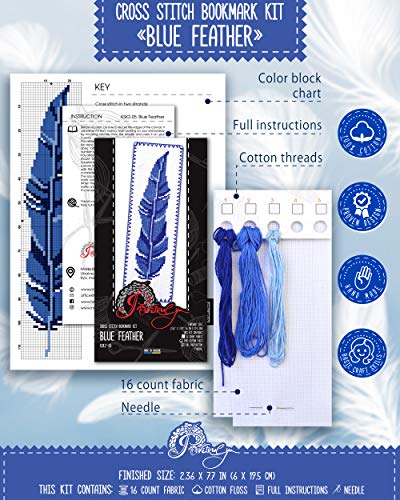 Image of Povitrulya Blue Feather Cross Stitch Bookmark Kit - DIY Embroidery Gift for Booklovers