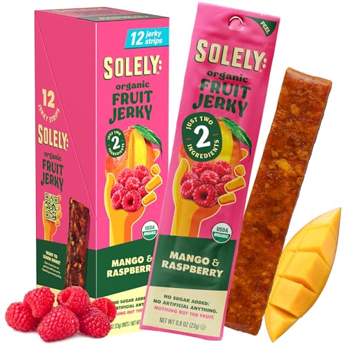 Image of SOLELY - Organic Mango Raspberry Fruit Jerky - 12 Individually Wrapped Fruit Strips - Fruit Leather - Healthy Snacks for Adults & Kids - Non GMO, Vegan Snacks - 0.8oz (23g) (Pack of 5)