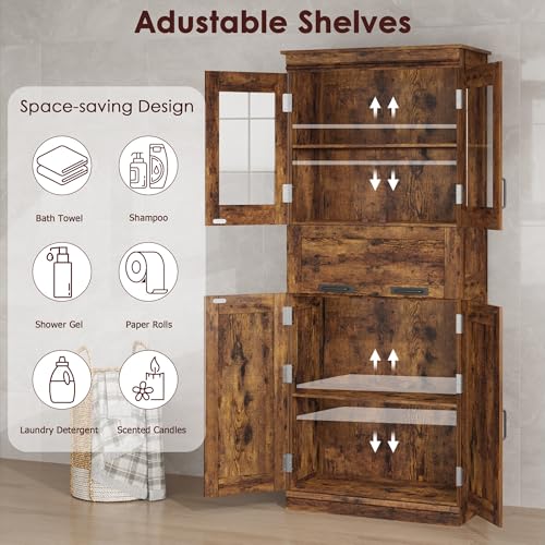GAOMON 67" Tall Bathroom Cabinet with 4 Doors & Flip Glass Drawer, Storage Cabinet with Adjustable Shelves, Freestanding Organizer for Kitchen, Pantry, Living Room (Rustic Brown)