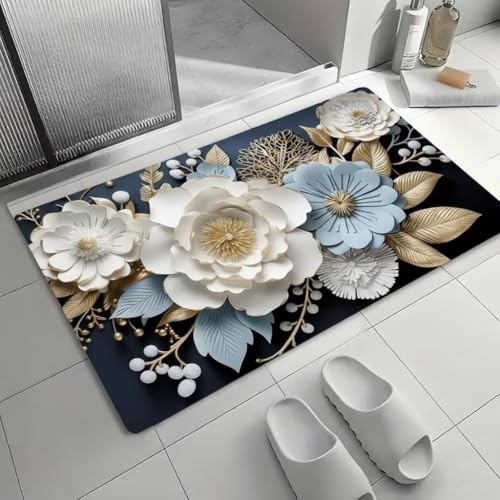 Image of Non-Slip 3D Floral Bath Mat, Quick Dry Absorbent Silicone Floor Mat, Anti Skid Doormat for Bathroom, Home, Office, Living Room, Hallway Runner, Soft Cushion Carpet Rug (Blue)