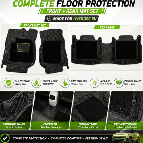 Image of EV MASTER Premium 7D Car Floor Mat Full Set for Toyota Innova Hycross Hybrid (2026 Onwards) Luxury Leather Double Car Foot Mats Complete Set of 3 | Waterproof and Washable