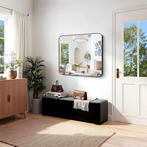 Image of KOCUUY Bathroom Mirror 36 inchx40 inch, Black Rectangle Mirrors for Wall, Large Metal Framed Vanity Mirror with Rounded Corner for Bedroom Living Room and Entryways Hangs Horizontal /Vertical
