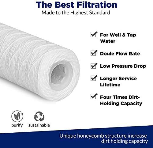Membrane Solutions 5 Micron 10"x2.5" String Wound Whole House Water Filter Replacement Cartridge Universal Sediment Filters for Well Water - 6 Pack - 4