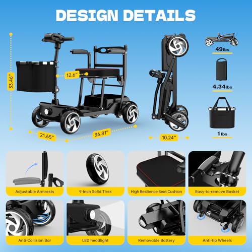 Image of Mobility Scooters for Seniors,49 Lbs Mobility Scooter,Upgraded Removable Battery,300 Lbs Weight Capacity,Quick Fold Design, Portable and Lightweight,Ideal for Travel