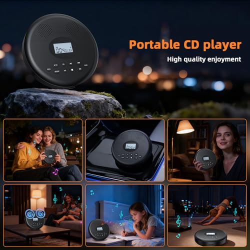 Image of Arafuna Portable CD Player with Bluetooth, Rechargeable CD Player for Car /Home with Headphones, Anti-Skip, LCD Display, AUX /TF Card Port (Black)