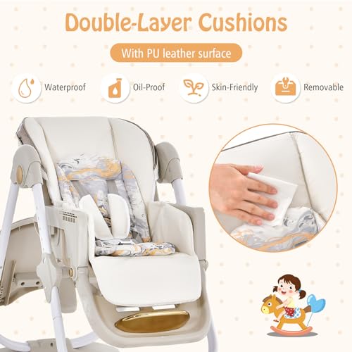 Image of HOMGX Portable High Chair, Foldable Baby Feeding Chair with Adjustable Footrest & Backrest, Large Dishwasher-Safe Double Tray, Toddler Highchair for 6-36 Months, Grey