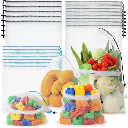 Image of Frienda 20 Pcs Mesh Bags for Toys Storage 3 Sizes Reusable Produce Bags with Drawstring for Beach Bath Pool Toy Organizer, Fruits Vegetable Grocery Playroom Storage(Black, Gray, Blue)