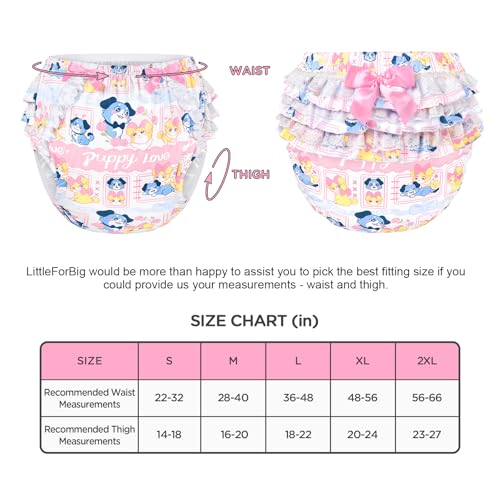 Image of LittleForBig Silky Washable Reusable Waterproof Ruffled Lace Bow Puppy Love Little Blue Pattern Ruffle Adult Diaper Cover L