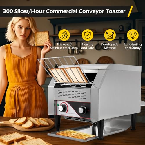 Image of Dyna-Living Commercial Toaster 300 Slices /Hour Conveyor Toaster Commercial 1900W Heavy-duty Stainless Steel Rotating Toasters Oven for Restaurant, Conveyor Belt Toasters for Bun, Bagel, Bread