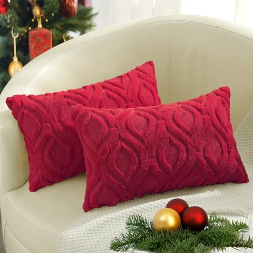 Image of decorUhome Faux Fur Plush Soft Red Throw Pillow Covers 12x20 Set of 2 | Plush Solid Fall Couch Pillow Covers, Accent Modern Farmhouse Neutral Decorative Square Pillow Cases for Sofa Bed Living Room