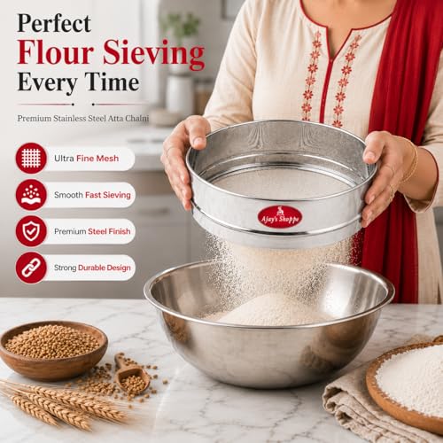 Image of Ajay's Shoppe 19 CM Stainless Steel Atta Chalni | Fine Mesh Flour Sieve | 5 CM Deep Flour Strainer for Wheat, Maida & Besan