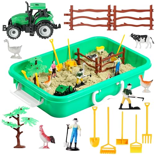 AGENTLAN Farm Sensory Bin, Farm Sensory Toys with Play Sand for Toddlers Boys and Girls, Kids Toys Gift Sand Box for Age 3 4 5 6 7 8