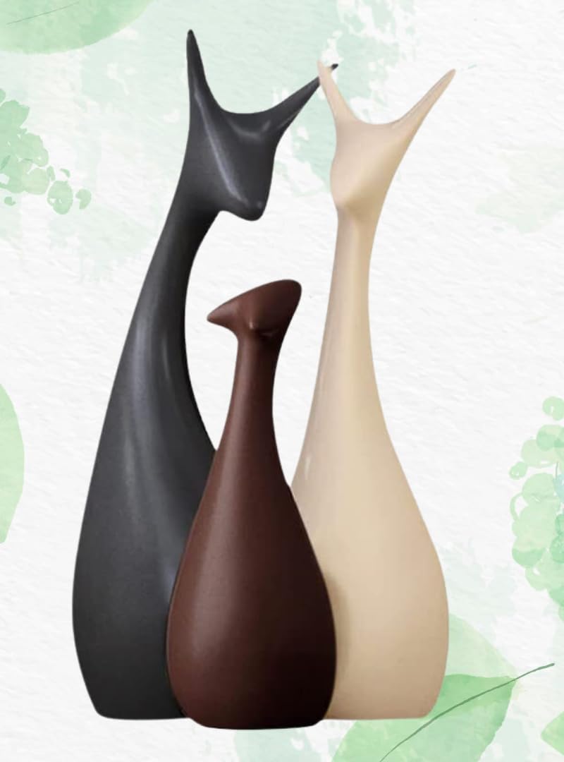 1Key Happy Deer Family | Lucky Showpieces for VASTU | Ceramic Items for Home | Decorative Items for Living Room, Office and for Gifting - (Set of 3, Matte Brown) |