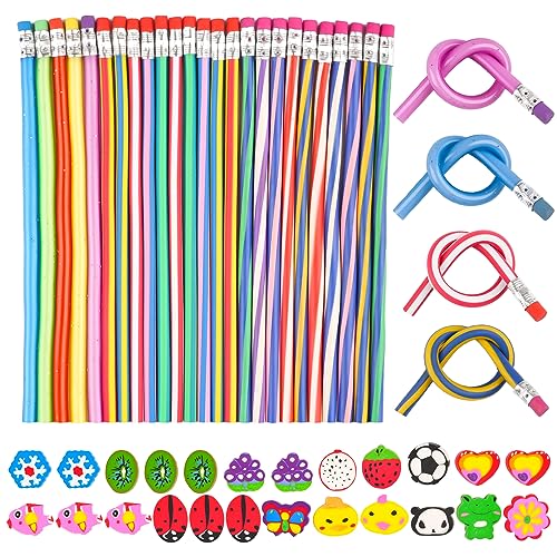 Deepton Biegebleistifte 25 Stück + 24 Kleine Radiergummis, Geschenke für Kinder 6-9 Jahre, Mitgebsel Kindergeburtstag