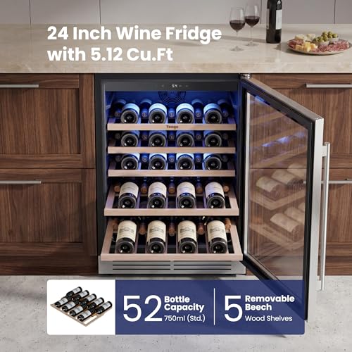 Image of Yeego 24 Inch Wine Fridge - 52 Bottles Wine Cooler, 40-65F Wine Refrigerator with Glass Door, Built-In Freestanding or Under Counter Adujustable Shelves Fridge for Home Bar, Kitchen