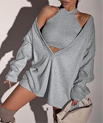 Image of ECDAHICC Women's Two Piece Outfits Knitted Halter Neck Crop Tank Tops and Oversized Off Shoulder Deep V Neck Pullover Sweater