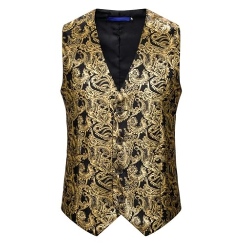 Chaleco de traje vintage con estampado dorado negro M de diseño exclusivo