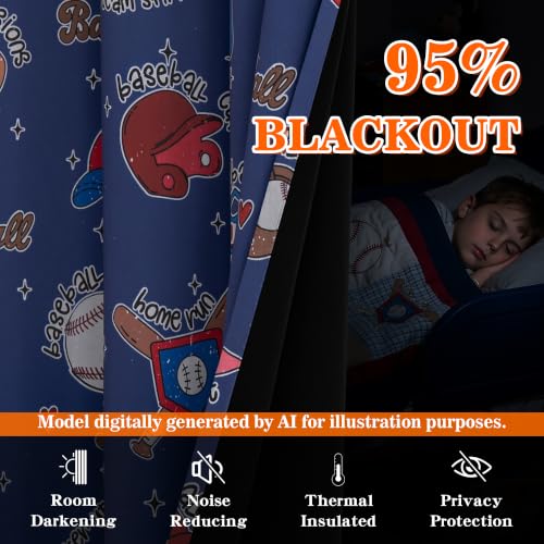 Image of MYSKY HOME Navy Blue Blackout Curtains 84 Inch Long 95% Light Blocking Thermal Insulated Grommet Window Curtains with Baseball-Related Patterns for Boys Kids Nursery Bedroom Playroom, W52, 2 Panels