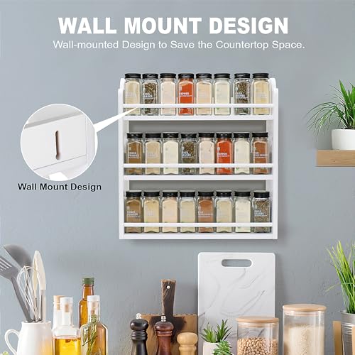 Image of 3-Tier Bamboo Spice Rack, Wall Mount & Countertop Spice Organizer | Seasoning Jars Rack Shelf Spice Organizer for Kitchen, Spice Storage Holder with handles, Front and Rear Protective Design