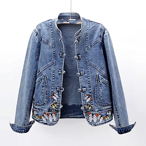 Jeansjacke Für Damen - Vintage Blue Schmetterling Stickerei Button Up...