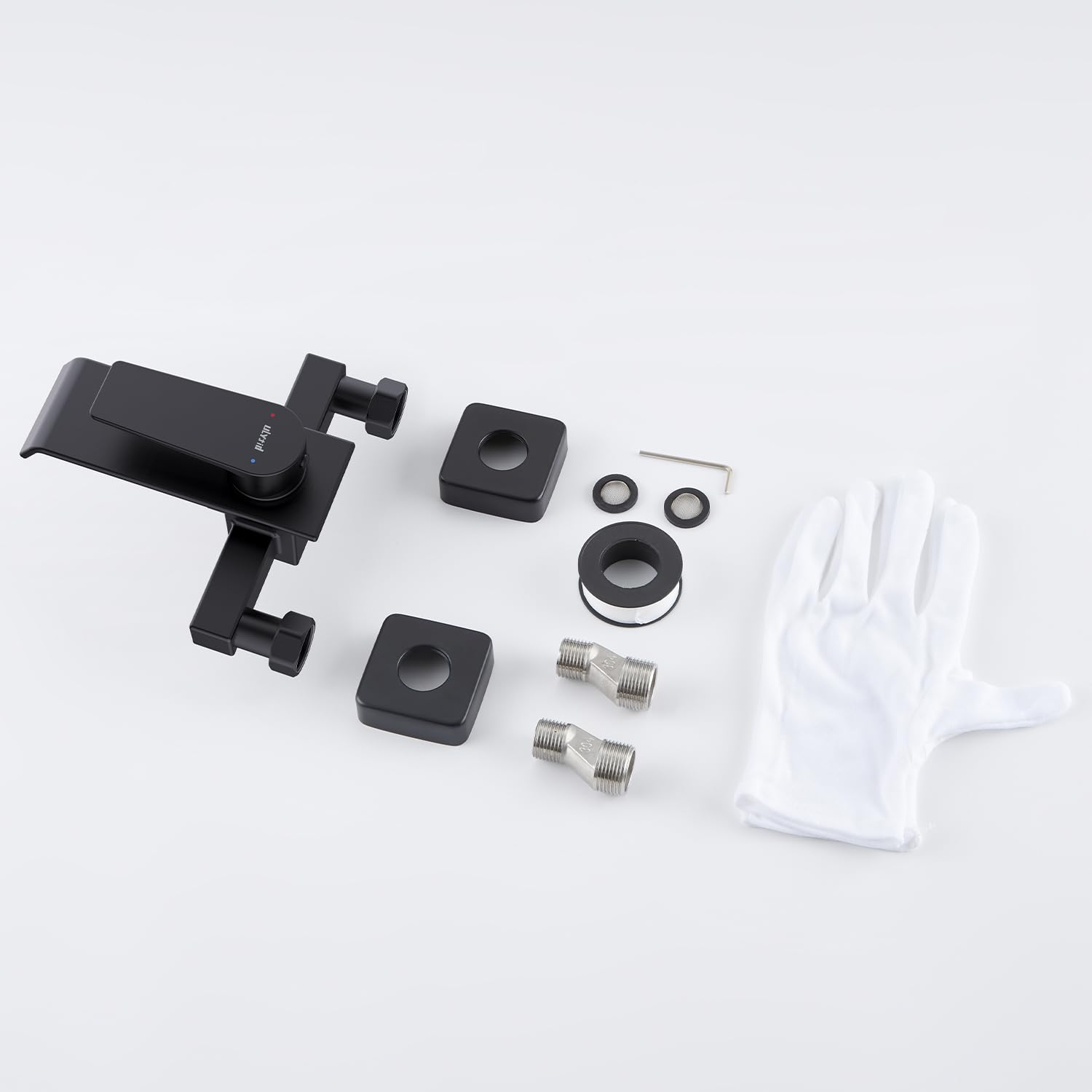 Grifo Bañera Negro en Cascada, Grifo Mural de Latón para Ducha y Baño, Mezclador Monomando para Bañera Universal 1/2" Salida Inferior, Fácil de Instalar