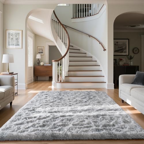 Zentavio Grey and White Area Rugs for Living Room Large Men Room Carpet 5x8 Bedroom Fluffy Furry Shag Aesthetic Plush High Pile Floor Rug for Kids Room Dorm Home Decor Tie-Dyed Grey White
