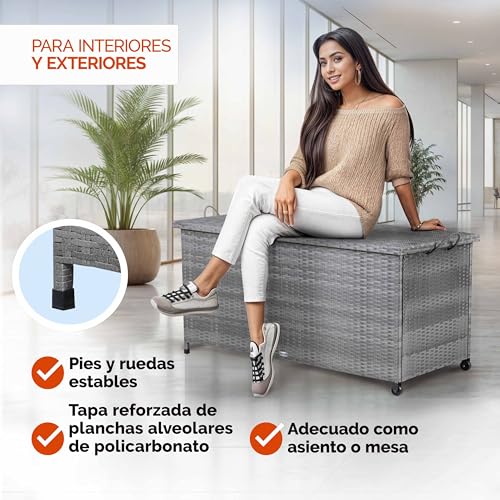 Miniatura 6 de Casaria Baúl De Almacenamiento Exterior Xxl 420l 122x56x61cm Poliratán Gris 2 Ruedas Y Asas Arcón De Jardín