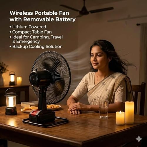 Image of Portable Rechargeable Table Fan with 2 Batteries & Charger, Cordless High-Speed Adjustable Cooling Fan for Home, Office & Outdoor Use