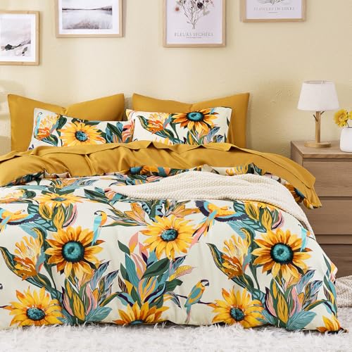 Wake In Cloud - Boho Comforter Set Floral Farmhouse Bohemian Chic Style with Colorful Sunflowers and Birds Pattern Soft Lightweight Bedding 3 Pieces Amber Beige Queen Size