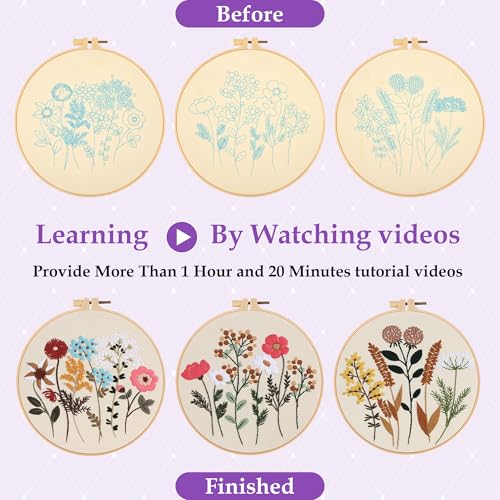 Image of 3 Sets Embroidery Kit, Cross Stitch Kits for Beginners, Needlepoint Kits for Adults with Floral Patterns, Hoop, Needles, Threads and Tools, Colorful Threads, Easy to Learn Step-by-Step Guide & Video