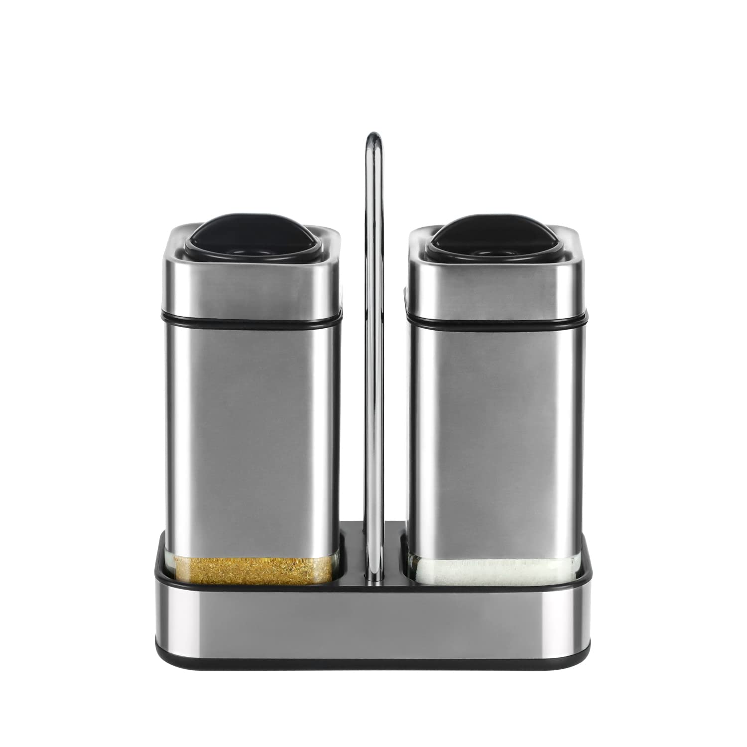 Aelga Salt and Pepper Shakers Set with Holder-Stainless Steel Salt Shaker with Adjustable Pour Holes-Set of 2
