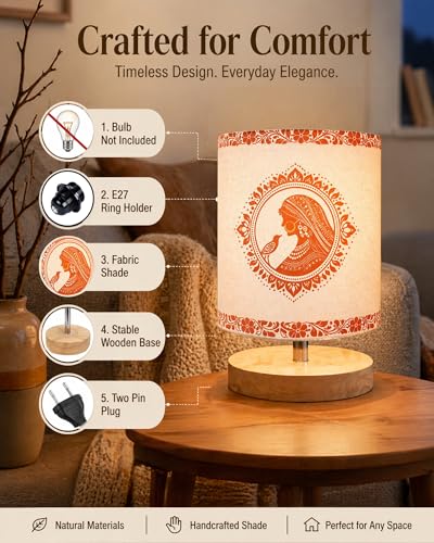 Image of Homesake Pine Table Lamp Wooden Bedside Lamp Simple Bedroom Light Linen Shade Mini Desk Lamp Nightstand Lamp for Bedroom, Living Room, Gift, (Aipan Art of India Shade Cylinder)
