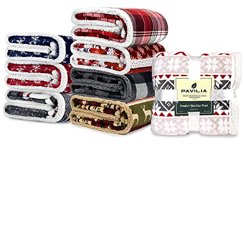 Pavilia Winter Cabin Sherpa Blanket Throw | Flannel Fleece Christmas Blanket | Plaid Holiday Blanket Gift | Plush, Soft, Warm, Cozy, Reversible Microfiber Throw 50X60 (Grey) #TOP6