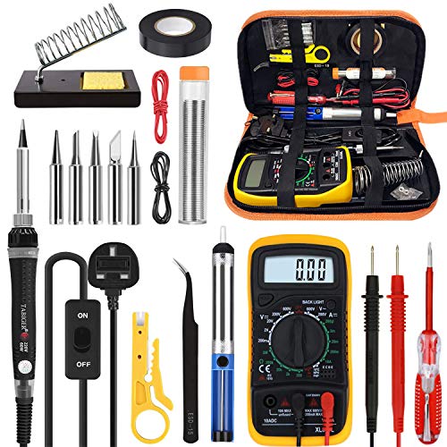 Tabiger Soldering Iron Kit, Soldering Kit with LCD Digital Multimeter, 60W Soldering Iron with 5 Extra Tips, Stand, Desoldering Pump, Solder, Wire Stripper Cutter, Tweezers, Tape, Tool Bag