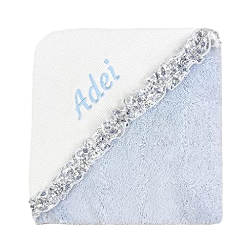 CARREDANA Capa de baño para Bebe 100% Algodon 75x75cm .Toalla de baño con Capucha suabe .Regalo recién Nacido. Multiusos.Personalizado con Nombre Bordado (Personalizado Toalla Azul)