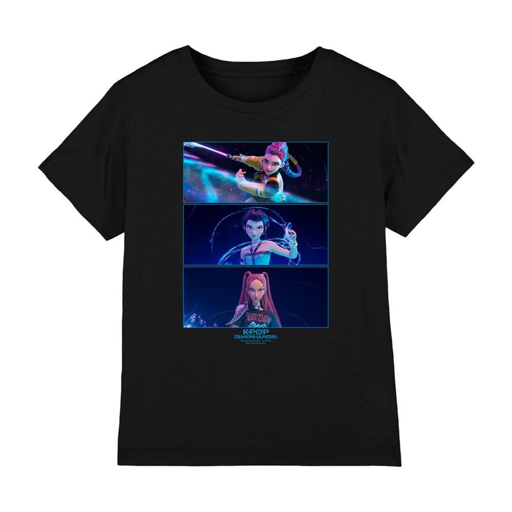 Kpop Demon Hunters Huntrix Fighting Kids T-Shirt, Black, 9-11Y