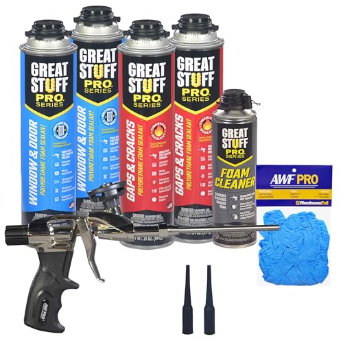 GREAT STUFF PRO Gaps & Cracks 24oz Window & Door 20oz Polyurethane Foam Sealant and Cleaner Kit for AWF PRO AWF 1300 High Precision Spray Foam Gun and Gloves (Two Can Kit)
