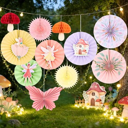 Image of EASY JOY Fairy First Birthday Decorations Fairy Party Decors Fairy Paper Fan Set Pastel Paper Fans Butterfly Fans with Vines Hanging Mushroom Honeycomb for Baby Shower Birthday Tea Party Garden Forest