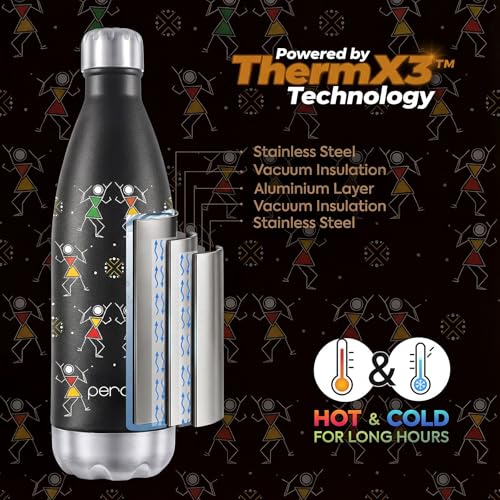 Image of Perch Retro Stainless Steel Water Bottle 980 ml | Hot & Cold Flask | Vacuum Insulated | ISI Certified | Leak Proof | BPA Free | for Office, School, Gym, Home & Travel | Warli Art | Crafted by Pexpo